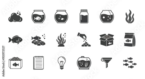Collection of black and white vector icons representing various essential aquarium maintenance supplies and pet fish elements