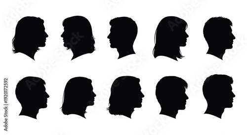 Collection of diverse male and female human head profile silhouettes in black vector graphic design format