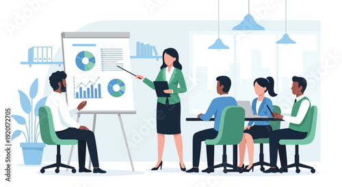 This flat design vector illustration depicts an independent and intelligent woman confidently leading a business meeting, demonstrating her leadership and professional achievements.