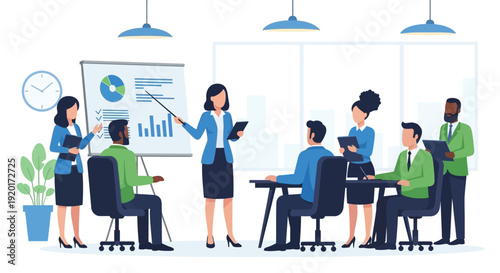 This flat design vector illustration depicts an independent and intelligent woman confidently leading a business meeting, demonstrating her leadership and professional achievements.