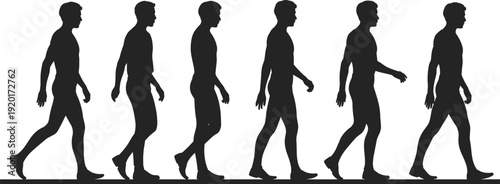 Silhouette sequence of person walking in six stages, illustrating biomechanics of human gait, ideal for animation, therapy, sports, education, and motion illustration concepts