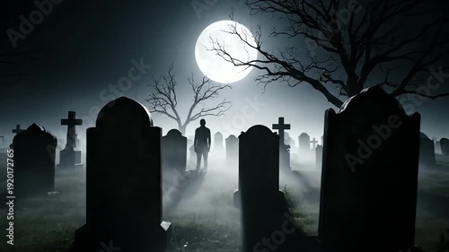 Foggy Graveyard at Night with Full Moon Casting Eerie Light on Tombstones and Bare Trees Silhouette with A Figure Standing in Distance