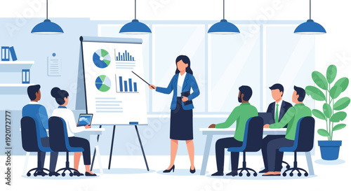 This flat design vector illustration depicts an independent and intelligent woman confidently leading a business meeting, demonstrating her leadership and professional achievements.
