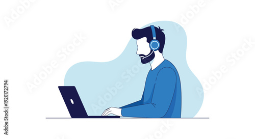 Modern vector illustration of a bearded man wearing a headset with a microphone, actively typing on a laptop for online customer support.