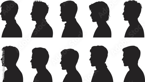 Ten male head silhouette profiles with distinct hairstyles and shapes, highlighting variations in hair texture, length, and styling for design, identity, and illustration projects