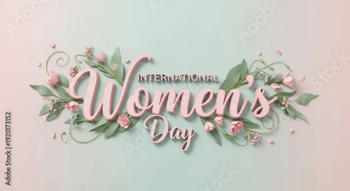 A beautiful flat design illustration showcasing elegant typography for International Women's Day, artfully combined with minimalist floral elements. 