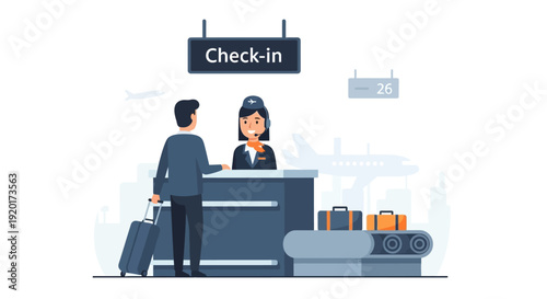 Passenger checking in at airport counter with luggage and travel documents