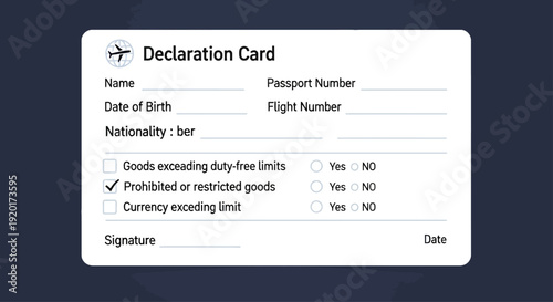 A customs declaration form with a checked box for goods exceeding duty-free limits on a dark background, viewed from directly above