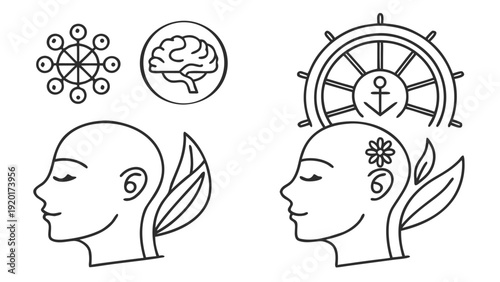 Mindfulness and Self-Governance Concept with Human Profile, Brain, and Ship Wheel Icons