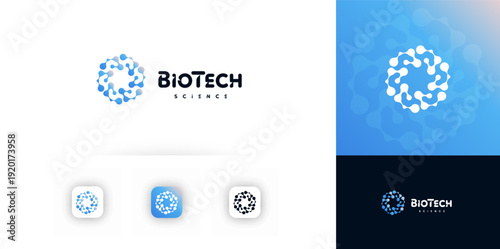 Biotech laboratory logo circular molecule drop symbol, medical branding design for healthcare startup, lab, pharmaceutical company, app icon. AI bio hack life health brands. Vector illustration