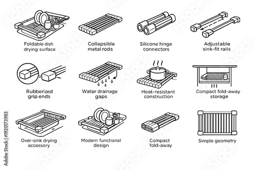 Foldable icon sink functional kitchen grip vector rods drainers metal dish silicone