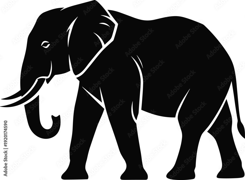Fototapeta premium Black elephant silhouette vector illustration, profile view with trunk upward, tusks visible, bold wild animal design for nature art