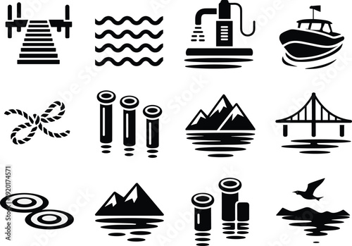 Black Marine and Water Icon Set Featuring Pier, Waves, Boat, Bridge, Rope Knot, Mountains, Bird and Dock Silhouettes on White Background