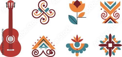 Vibrant guitar and ornate design elements in harmonious composition