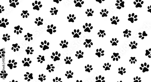 Black paw print pattern scattered across white background, seamless vector design for animal, pet, decorative, textile, wallpaper themes