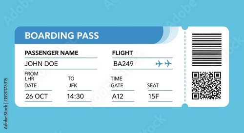 A boarding pass for a flight, showing passenger details and travel information, on a blue background from a top view
