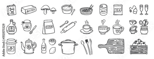 Kitchen essentials set tea butter flour maple syrup utensils line art outline, monochrome hand drawn.