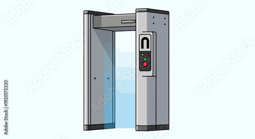 Security metal detector frame standing alone in a public area viewed from the front