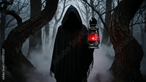 Silhouette Figure in Black Cloak Holding Red Lit Lantern Standing in Misty Forest