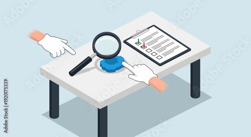Detailed analysis of documents on a table with magnifying glass and hands holding a pen and tablet