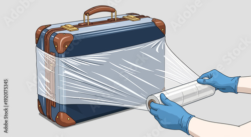 Person wrapping a suitcase with plastic wrap, securing luggage for transport or storage