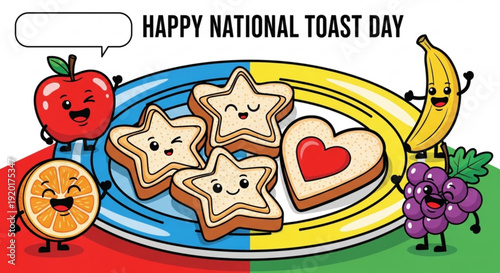 Colorful cartoon fruits and star shaped toast on a plate for national toast day celebration