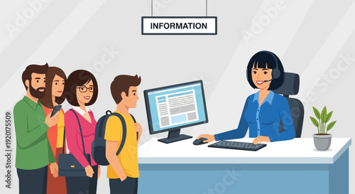 Office receptionist providing information to a group of people at the counter with a computer and documents on the desk