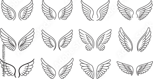 Black and white angel wings collection wing isolated white background black outlines