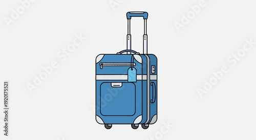 A blue wheeled luggage with handle standing upright on a white background illustration