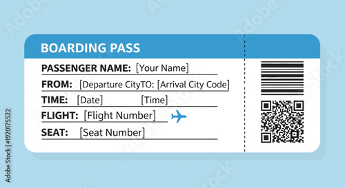 A boarding pass ticket with passenger details and QR code on a light blue background