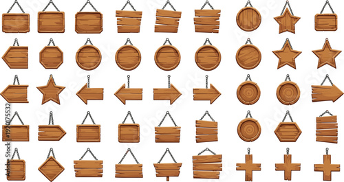 Wooden Signboard Cartoon Vector Set with Hanging Boards, Arrows, Stars and Rustic Direction Signs