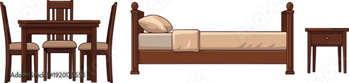 Wooden Table, Chairs and Bed Furniture Cartoon Vector Illustration Set for Home Interior Design