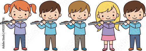 Cute Kids Playing Flute Cartoon Vector Illustration Set with Happy Children Musician Characters Isolated on Background