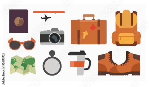 Travel and outdoor leisure vector icon set with passport suitcase and adventure items