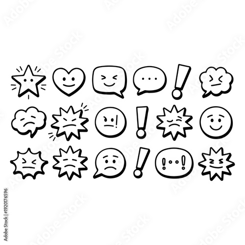 Hand drawn emoticon set with various facial expressions and symbols