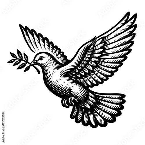 Majestic black and white vintage woodcut style flying dove carrying an olive branch, symbolizing peace, hope, and freedom. A timeless design for spiritual and tranquil themes, perfect for print or dig