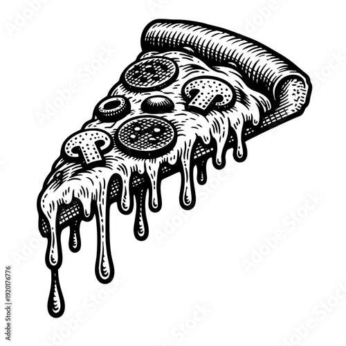 Melting Cheese Pizza Slice Engraving: A classic black and white illustration depicting a delectable pizza slice with generous, dripping melted cheese, pepperoni, mushrooms, and olives. Perfect for vin