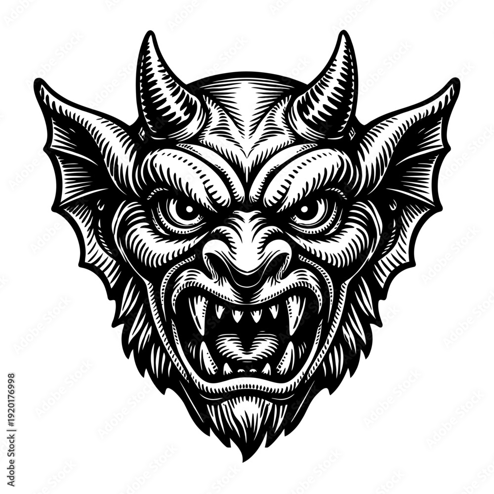 Obraz premium Detailed black and white engraving of a fierce horned demon head with piercing eyes, sharp fangs and ominous bat ears. Gothic monster illustration perfect for dark fantasy, horror, tattoos, metal art,