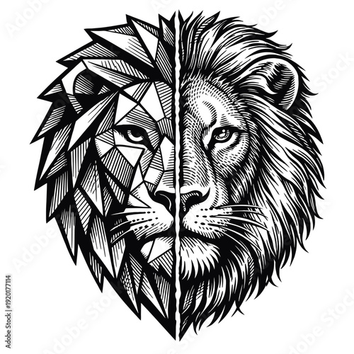 Captivating black and white lion head art, showcasing a unique duality with one half featuring sharp geometric polygons and the other half intricately detailed in classic linocut style, a powerful fus