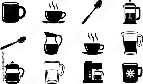 Collection of black coffee and beverage including cups mugs and brewing equipment