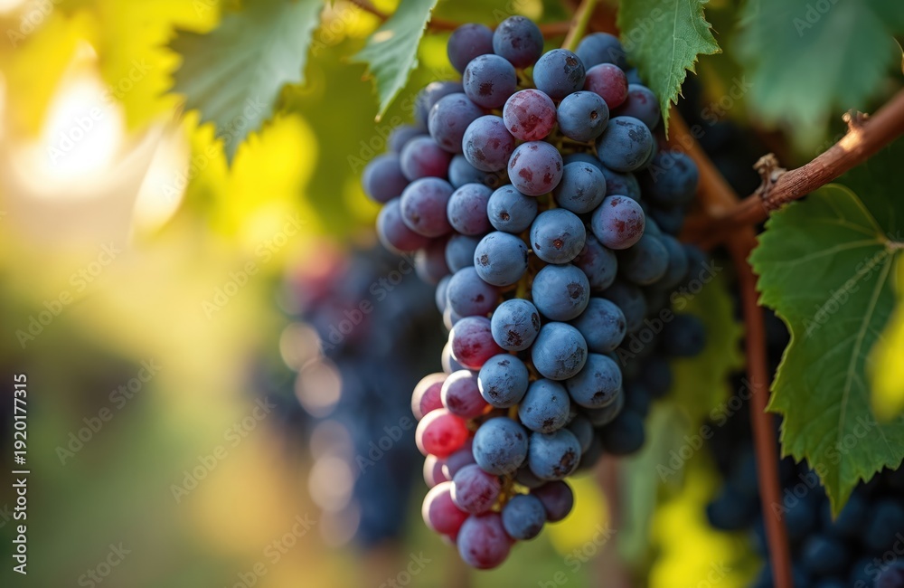Fototapeta premium Purple Isabella grapes grow on vine in sunny vineyard. Ripe fruit cluster ready for harvest, perfect for wine juice making. Natural food, autumn crop.