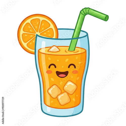 A fresh glass of cold orange juice and citrus lemonade with a lemon slice, ice, and a straw creates a refreshing tropical fruit drink