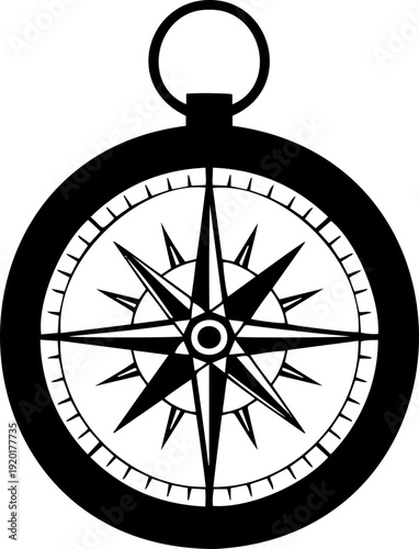 A minimalist black and white compass illustration with a circular design