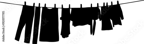 A minimalist silhouette of clothes hanging on a clothesline against a white background