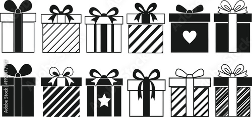 Black and white illustration of wrapped gifts with bows and ribbons