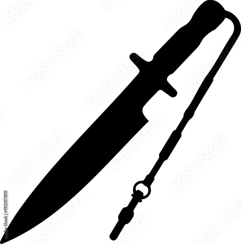 A black silhouette of a dagger with a sheath on a white background
