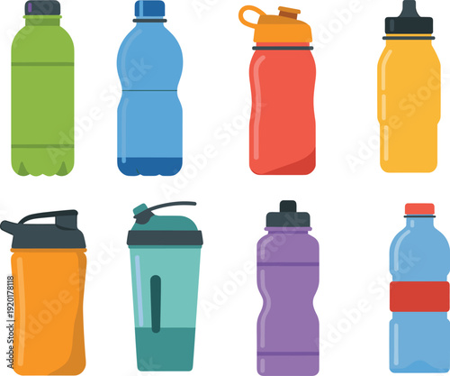 Collection of reusable water bottles and sports drink containers isolated on white background, colorful hydration gear for fitness and outdoor activities