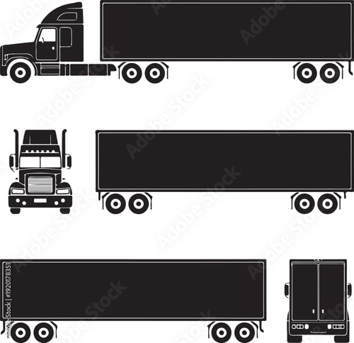 Semi trailer truck silhouette on white background. Vehicle icons set view from side, front, back, and top