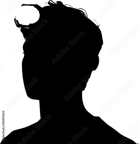 A black silhouette of a man's head and shoulders against a white background