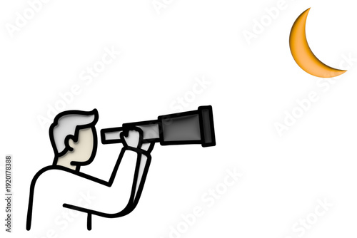 Minimalist Illustration of a Person Looking through a Telescope at an Orange Crescent Moon Isolated on White for Astronomical and Lunar Concepts